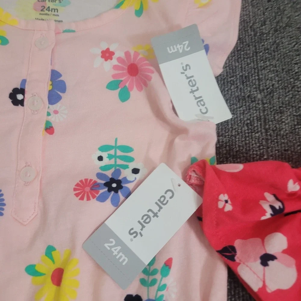 Carter's 24M Jumpsuit Set Toddler Girl Floral Ruffle Bell Sleeve Pink Red 2pk